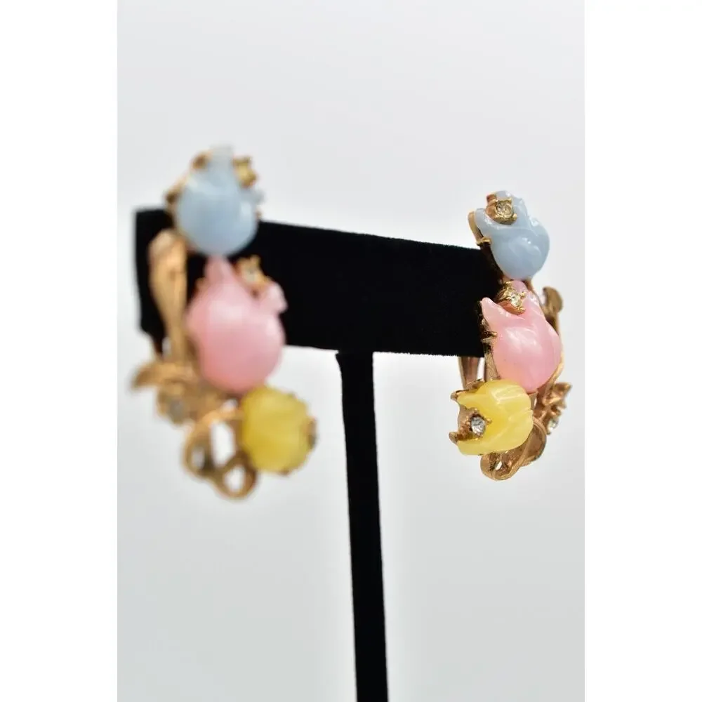 Vintage Flower Clip On Earrings Pastel Pink Yellow Blue Tulip Gold 1960s BinBK